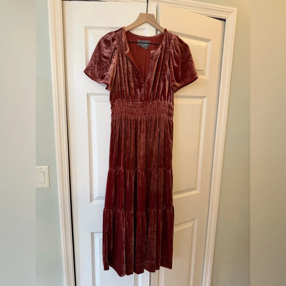 Anthropologie Velvet Maxi Dress in Deep Rust/Raspberry color small petite - Picture 7 of 10